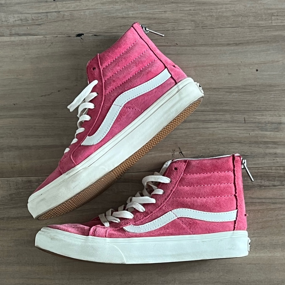 Vans pink suede Logo zip high top sneakers in 7.5